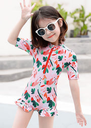 Stylish Pink Stand Collar Zippered Patchwork Kids One Piece Swimsuit Short Sleeve