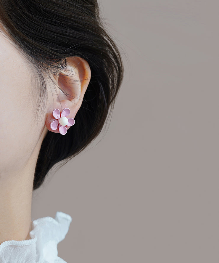 Stylish Pink Sterling Silver Alloy Floral Stud Earrings