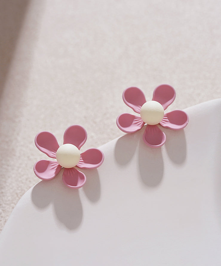 Stylish Pink Sterling Silver Alloy Floral Stud Earrings