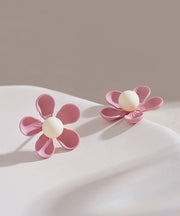 Stylish Pink Sterling Silver Alloy Floral Stud Earrings