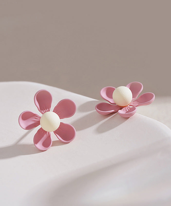 Stylish Pink Sterling Silver Alloy Floral Stud Earrings