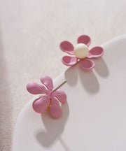 Stylish Pink Sterling Silver Alloy Floral Stud Earrings