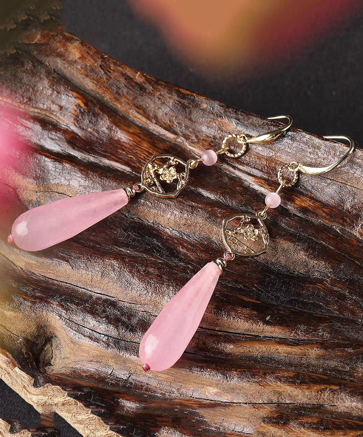 Stylish Pink Sterling Silver Alloy Water Drop Chalcedony Drop Earrings