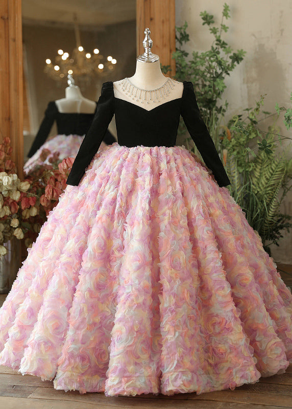 Stylish Pink Tulle Patchwork Girls Long Dresses Spring