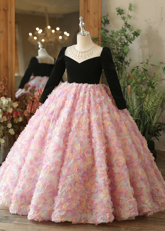 Stylish Pink Tulle Patchwork Girls Long Dresses Spring