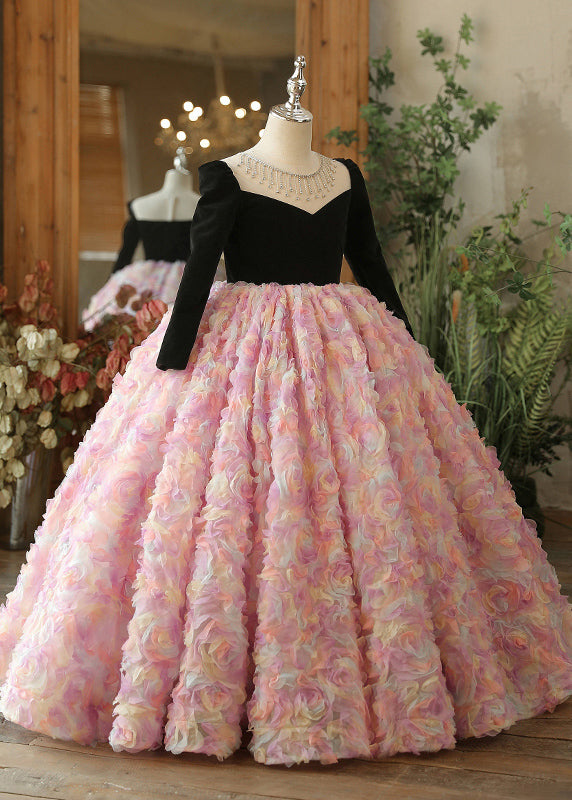 Stylish Pink Tulle Patchwork Girls Long Dresses Spring