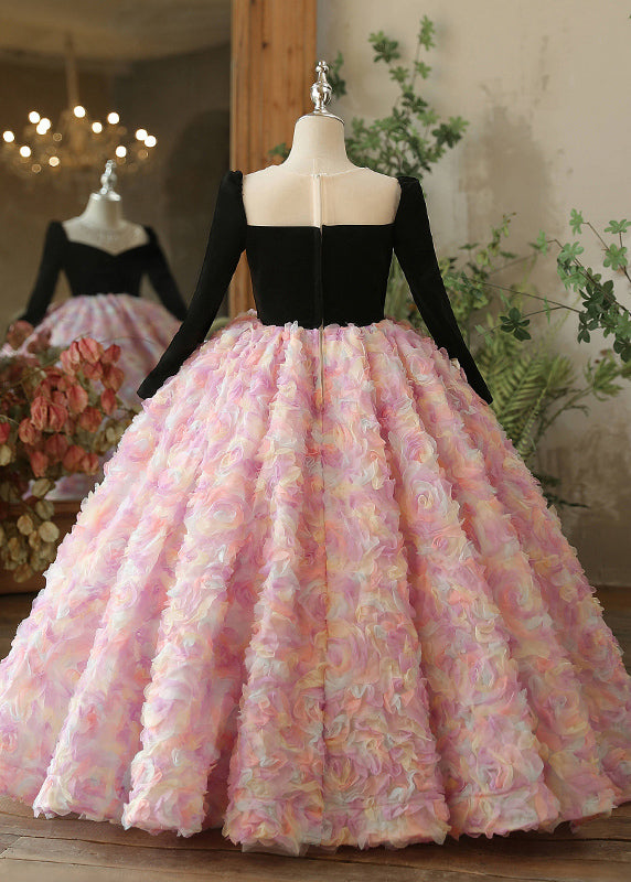 Stylish Pink Tulle Patchwork Girls Long Dresses Spring