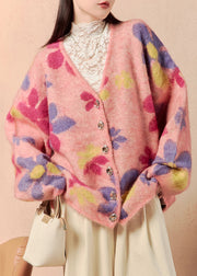 Stylish Pink V Neck Button Print Knit Cardigans Winter