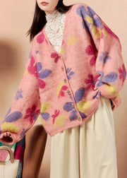 Stylish Pink V Neck Button Print Knit Cardigans Winter