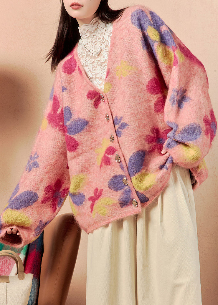 Stylish Pink V Neck Button Print Knit Cardigans Winter