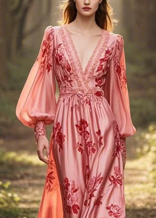 Stylish Pink V Neck Print Silk Dresses Lantern Sleeve