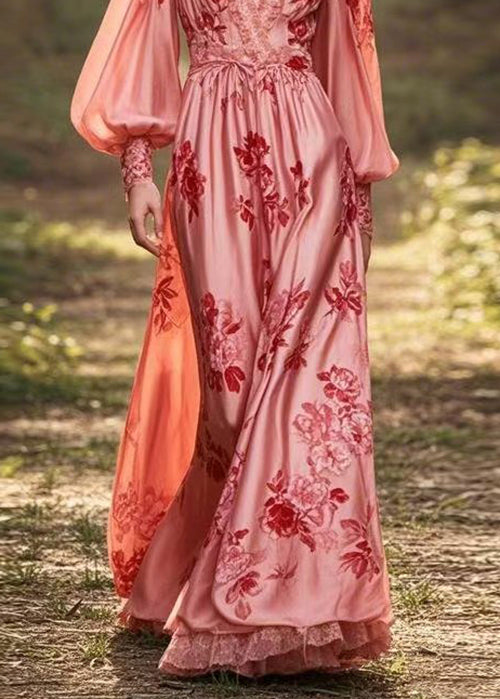 Stylish Pink V Neck Print Silk Dresses Lantern Sleeve