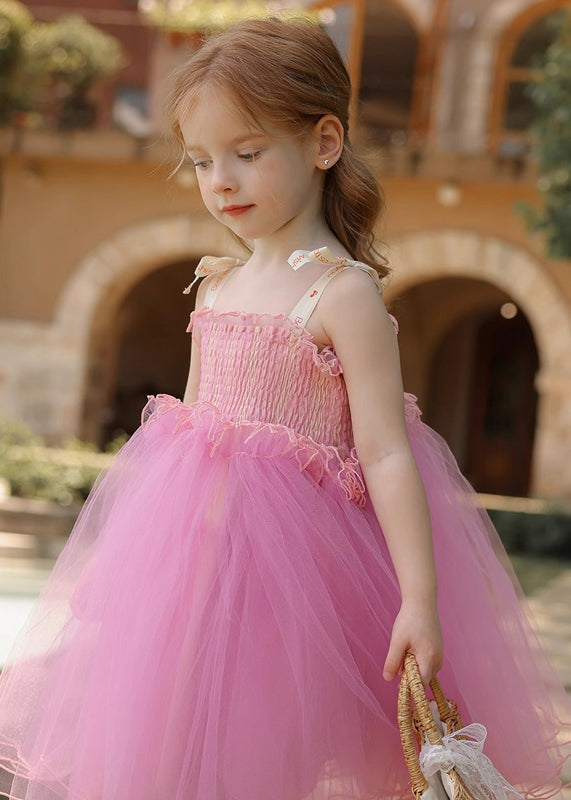 Stylish Pink Wrinkled Patchwork Tulle Kids Long Spaghetti Strap Dress Sleeveless