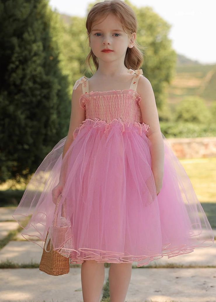 Stylish Pink Wrinkled Patchwork Tulle Kids Long Spaghetti Strap Dress Sleeveless