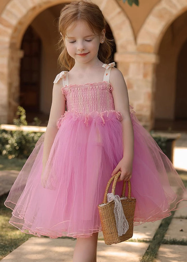 Stylish Pink Wrinkled Patchwork Tulle Kids Long Spaghetti Strap Dress Sleeveless