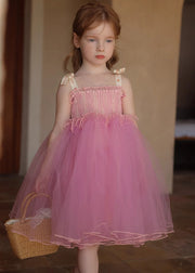 Stylish Pink Wrinkled Patchwork Tulle Kids Long Spaghetti Strap Dress Sleeveless