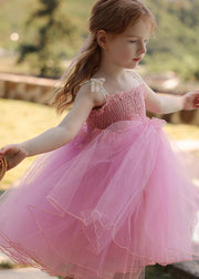 Stylish Pink Wrinkled Patchwork Tulle Kids Long Spaghetti Strap Dress Sleeveless