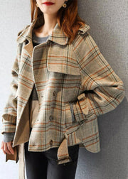 Stylish Plaid Button Pockets Patchwork Woolen Coat Fall