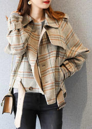 Stylish Plaid Button Pockets Patchwork Woolen Coat Fall