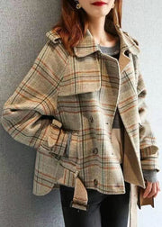 Stylish Plaid Button Pockets Patchwork Woolen Coat Fall