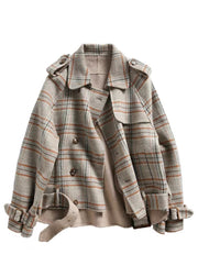 Stylish Plaid Button Pockets Patchwork Woolen Coat Fall