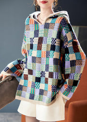 Stylish Plaid Hooded Patchwork Knit Sweater Spring