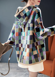 Stylish Plaid Hooded Patchwork Knit Sweater Spring