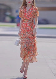 Stylish Print Ruffled Tie Waist Chiffon Long Dresses Summer