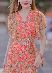 Stylish Print Ruffled Tie Waist Chiffon Long Dresses Summer