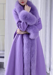 Stylish Purple Bow Tie Waist Woolen Long Coats Spring