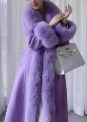 Stylish Purple Bow Tie Waist Woolen Long Coats Spring