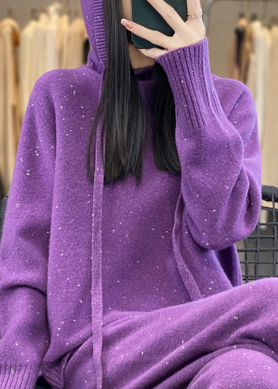 Stylish Purple Drawstring Hooded Cotton Knit Sweaters And Wide Leg Pants Two Piece Set Spring