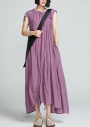 Stylish Purple Drawstring Wrinkled Cotton Long Dress Sleeveless