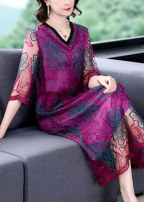 Stylish Purple Embroidered Floral Tulle Maxi Dress Summer