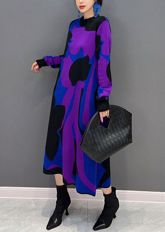 Stylish Purple Hign Neck Print Thick Knit Sweater Dress Winter