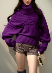 Stylish Purple Hign Neck Thick Knit Sweater Tops Spring