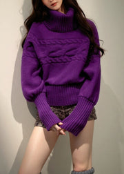 Stylish Purple Hign Neck Thick Knit Sweater Tops Spring