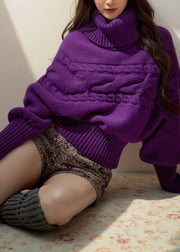 Stylish Purple Hign Neck Thick Knit Sweater Tops Spring