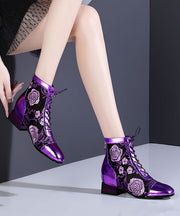 Stylish Purple Lace Up Breathable Mesh Splicing Chunky Boots