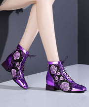 Stylish Purple Lace Up Breathable Mesh Splicing Chunky Boots