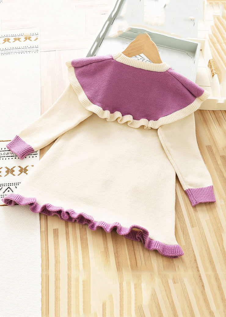 Stylish Purple O Neck Floral Patchwork Knit Kids Sweater Dresses Fall