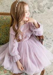 Stylish Purple O-Neck Patchwork Tulle Girls Maxi Dresses Lantern Sleeve