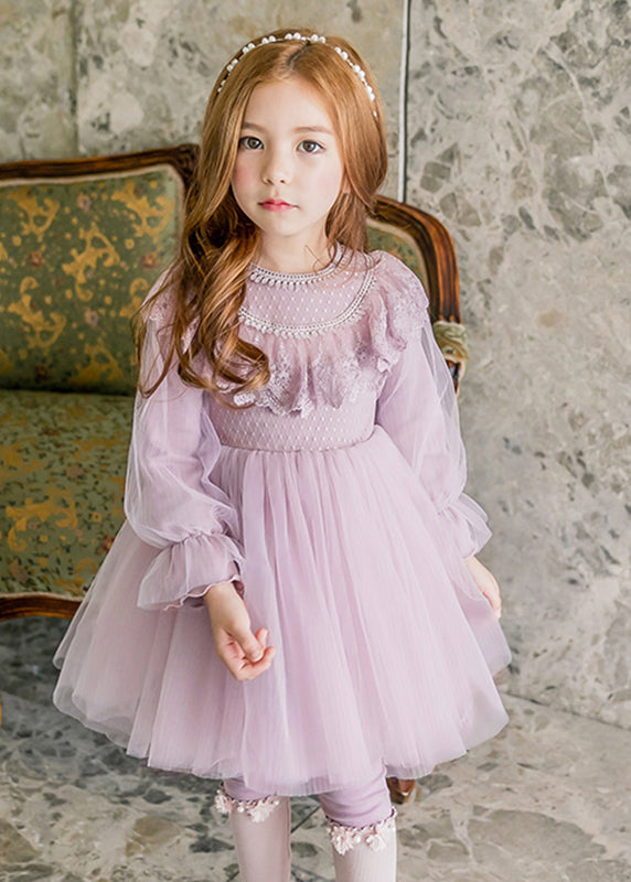 Stylish Purple O-Neck Patchwork Tulle Girls Maxi Dresses Lantern Sleeve