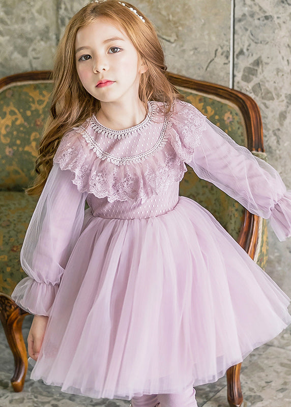 Stylish Purple O-Neck Patchwork Tulle Girls Maxi Dresses Lantern Sleeve