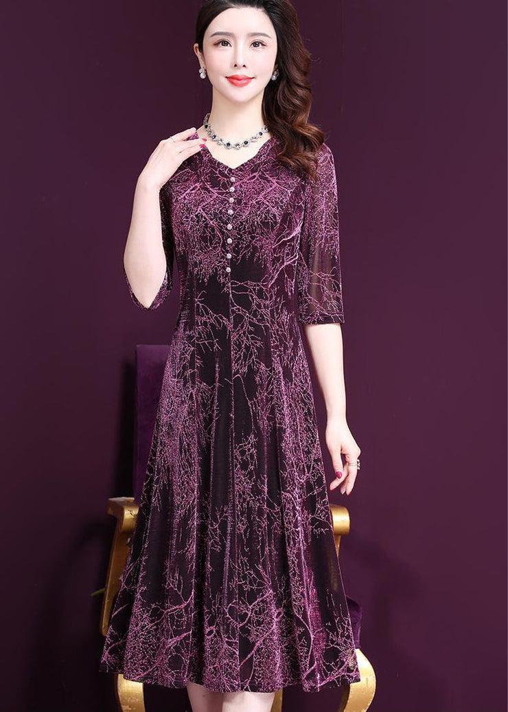 Stylish Purple O-Neck Print Button Tulle Holiday Dress Half Sleeve