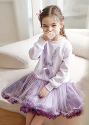 Stylish Purple O-Neck Rabbit Tulle Patchwork Kids Vacation Long Dresses Spring