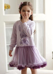 Stylish Purple O-Neck Rabbit Tulle Patchwork Kids Vacation Long Dresses Spring