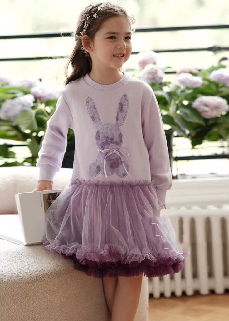 Stylish Purple O-Neck Rabbit Tulle Patchwork Kids Vacation Long Dresses Spring