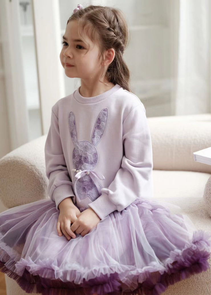 Stylish Purple O-Neck Rabbit Tulle Patchwork Kids Vacation Long Dresses Spring