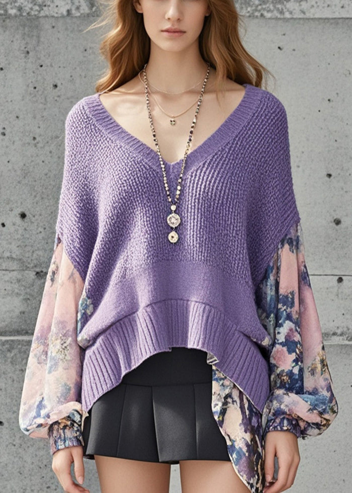 Stylish Purple Oversized Patchwork Print Sweater Lantern Sleeve